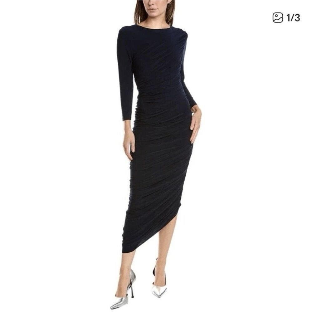 Norma Kamali Diana Gown Long Sleeve Midi Ruched Navy Dress Ruched NEW XL Revolve - Picture 7 of 11